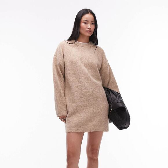 Topshop Oat Beige Knit Fluffy Crewneck Oversized Sweater Dress Size US 0-2 XS - Picture 9 of 9
